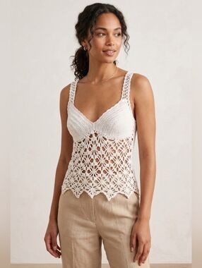 Womens Size Small Hand made Crochet Knit White Tank Top Cut Out Vacation Shirt